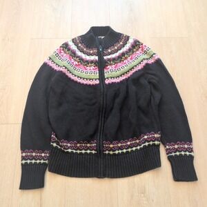 Heirloom Collectible Fair Isle Zip Up Cardigan Sweater Black Pink Small Vintage